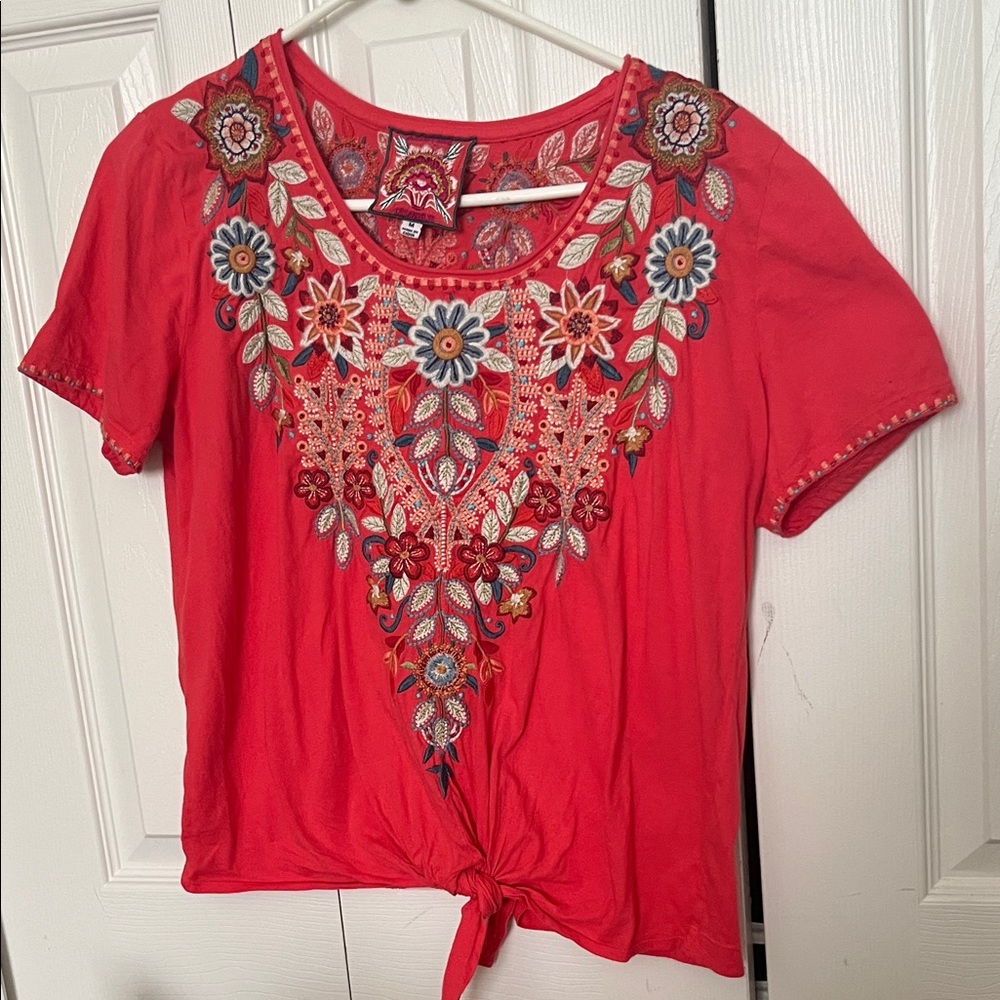 Johnny Was Red Embroidered Tie-Front Blouse